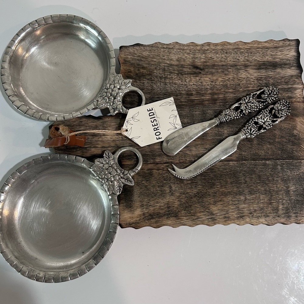Italian Pewter Grape Motif Serving Set Bowls + Knives Mango Wood Board